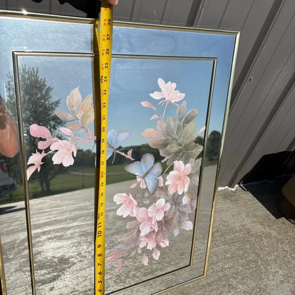 Vtg MCM Gold Framed Mirror Butterflies Flowers 22x28” ‘80s Marsel Hollywood Reg.